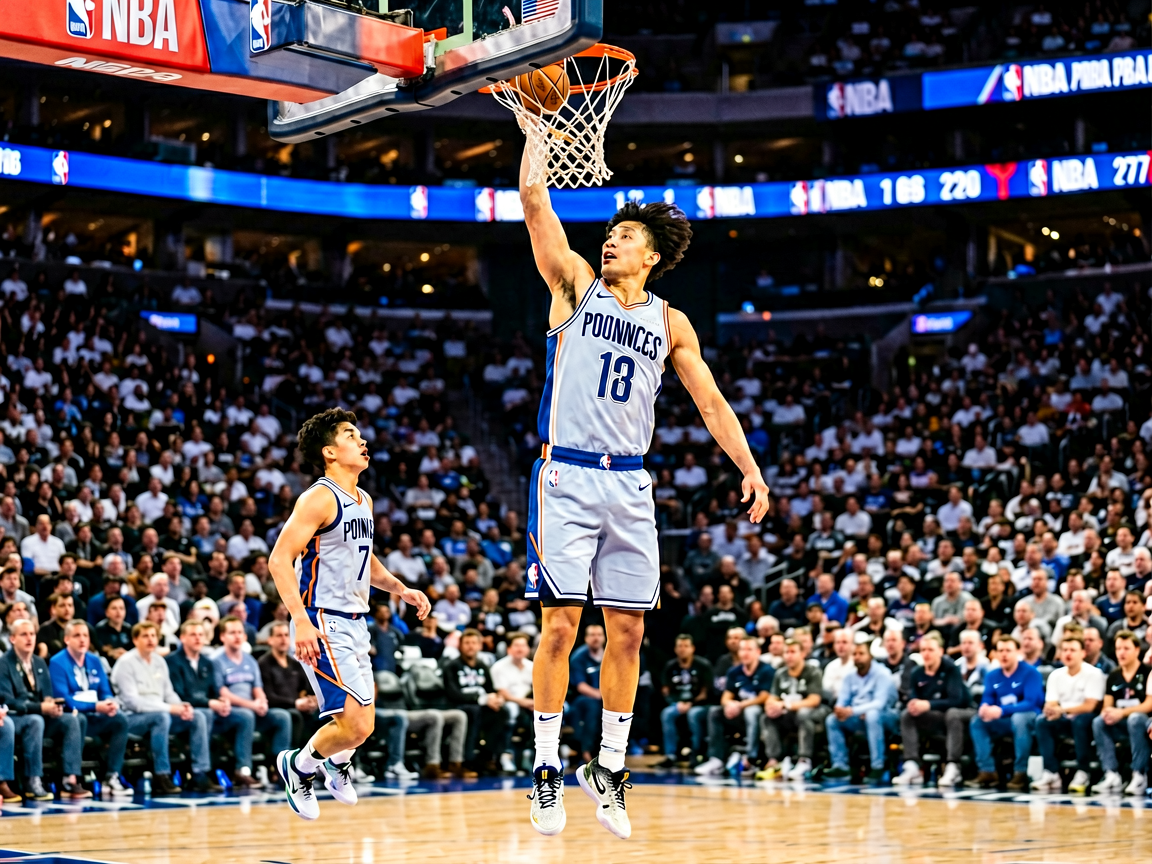 NBA篮球比赛现场,球员在空中扣篮的精彩瞬间